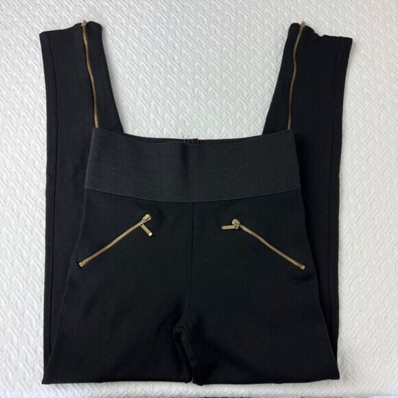 Zara Basic Women's XS Black Gold Zippers Pull On High Waist Leggings Y2K Skinny - Picture 4 of 11
